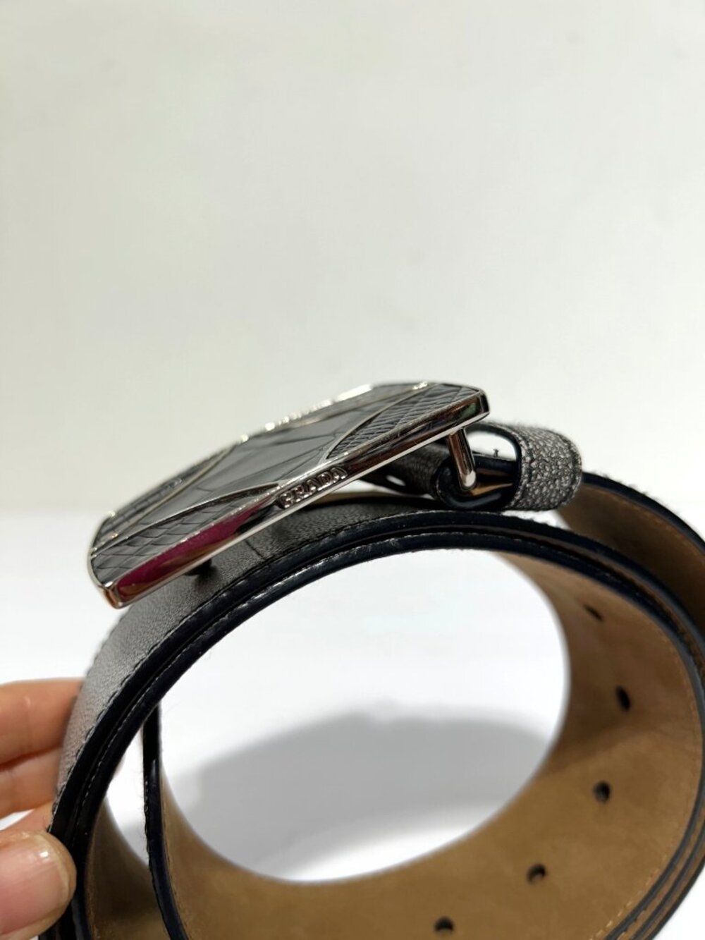 Prada Silver Mens Sz 38 Leather Belt With Black Embossed Buckle Made In Italy - Picture 4 of 11